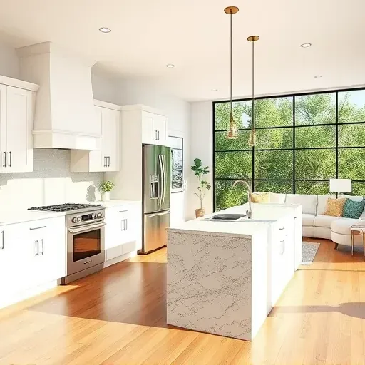 Modern kitchen remodel in Yulee, FL featuring granite countertops, white cabinetry, and hardwood floors with natural light.