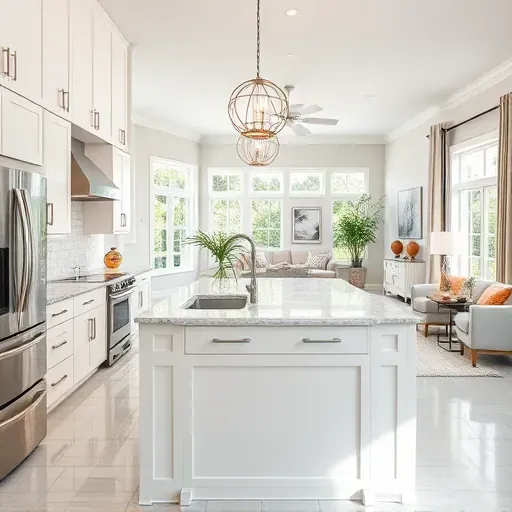 Showcase of a completed kitchen remodel in Fleming Island FL featuring white cabinets, marble island, and stainless steel appliances.