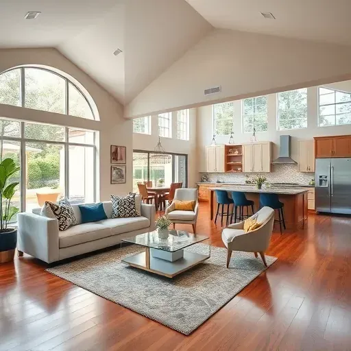 Contemporary living room remodel in Orange Park FL with vaulted ceilings, modern furniture, and natural light.