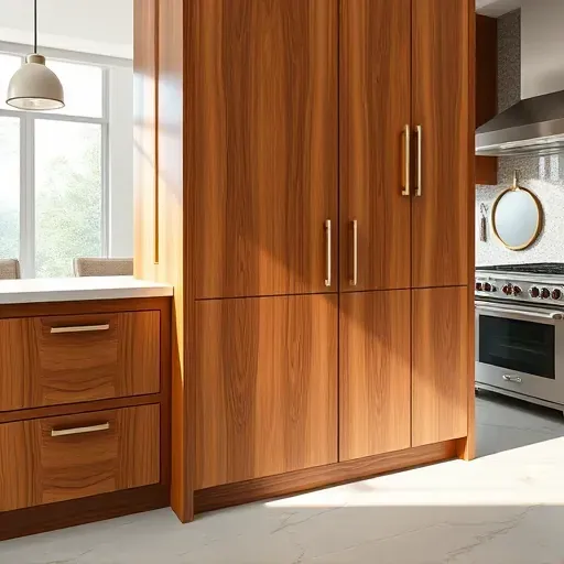 Modern Jacksonville home with seamless wooden custom kitchen cabinets, brushed metal handles, marble countertops, and stylish backsplash