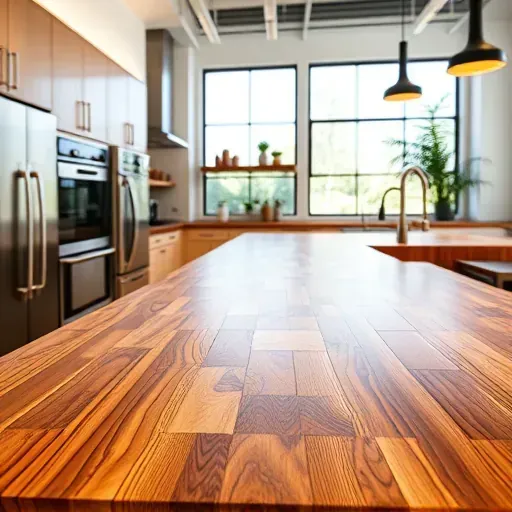 Beautiful butcher block countertop with warm tones and detailed wood grain in a modern, bright Jacksonville kitchen