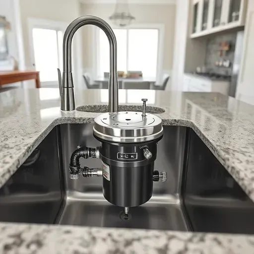 Clean modern kitchen with stainless steel garbage disposal under a granite sink, showcasing professional installation.