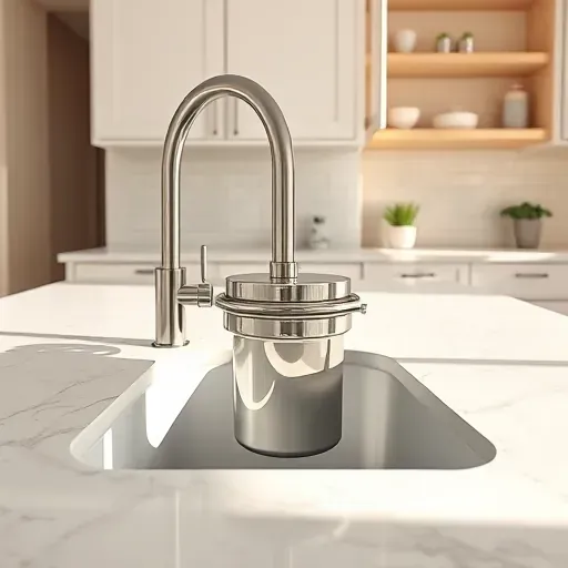 Finished modern kitchen with stainless steel garbage disposal under white granite sink, sleek chrome faucet, and clean countertops