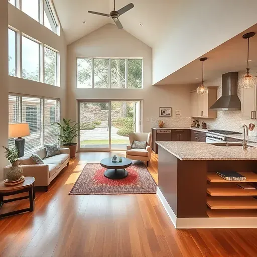 Modern St. Augustine living room with open layout, high ceilings, elegant decor, and lush landscaping visible outside.