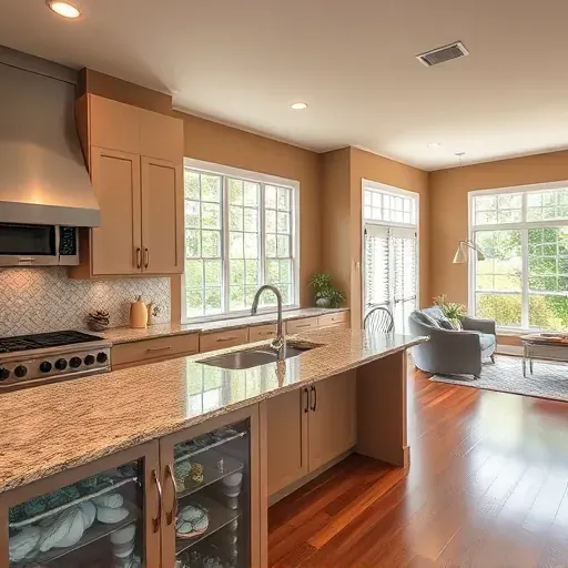 Modern kitchen remodel in St. Johns FL with granite countertops, elegant tile backsplash, and bright open living area.