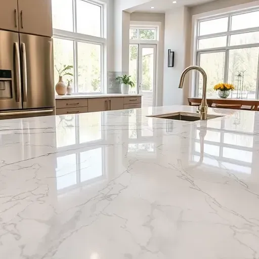 Luxury marble kitchen countertop with natural veining in a modern Jacksonville Florida kitchen with sleek appliances and natural light