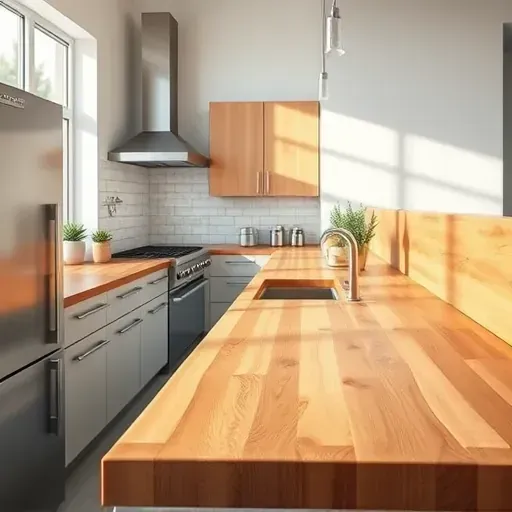 Beautiful butcher block countertop in modern kitchen with warm tones, wood grain, stainless steel appliances, and natural lighting