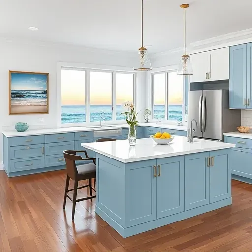Modern kitchen remodel in Neptune Beach FL with coastal blue cabinetry, marble countertops, and sunset views.
