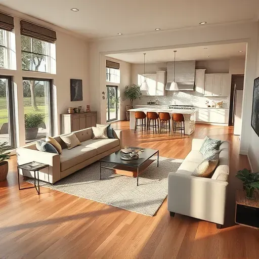 Contemporary open-concept living space in Nocatee FL with hardwood floors, large windows, and stylish furniture.