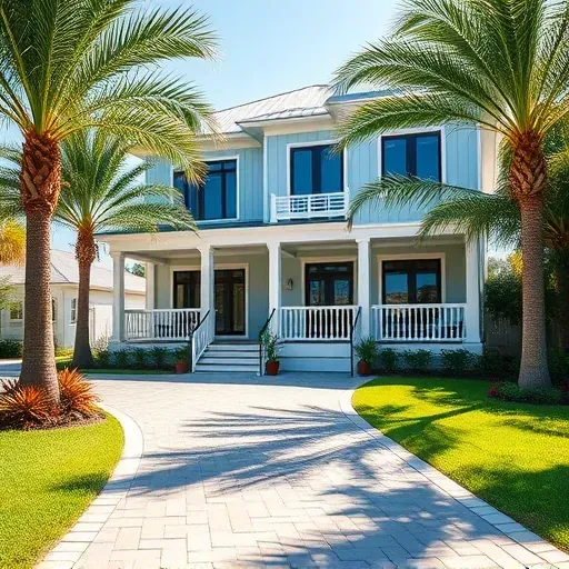 Coastal home remodeling in Fernandina Beach FL with modern design, lush landscaping, and elegant porch.