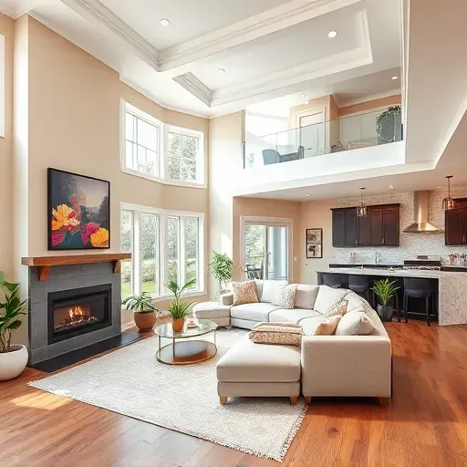 Contemporary living room in Switzerland FL features high ceilings, natural light, minimalist fireplace, and gourmet kitchen.