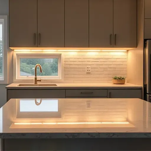 Completed under cabinet LED lighting installation in a modern Jacksonville kitchen with sleek cabinets polished granite and subtle tile backsplash