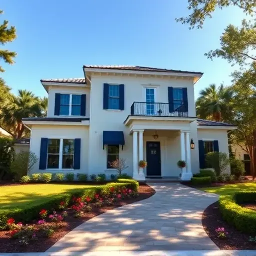 Modern two-story home remodel in Doctors Inlet, FL with cream paint, navy accents, and lush landscaping under blue sky.