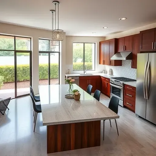 Modern kitchen in Julington Creek FL with mahogany cabinets, quartz countertops, and natural light from large windows.
