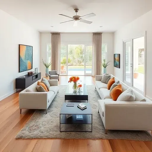 Modern living room in Fruit Cove FL with bright windows, minimalist furniture, and stylish decor overlooking a garden.