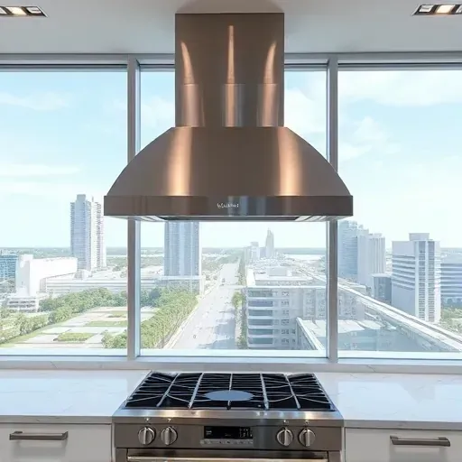 Modern kitchen featuring a sleek stainless steel range hood above a professional stove with white marble countertops and cityscape view