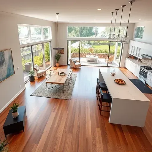 Modern living room in Fleming Island FL, featuring hardwood floors, large windows, and a stylish open kitchen with quartz countertops.