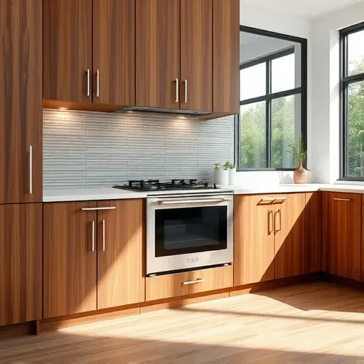 Modern Jacksonville kitchen with built-in stainless steel oven, custom wood cabinetry, quartz countertop, and natural sunlight.