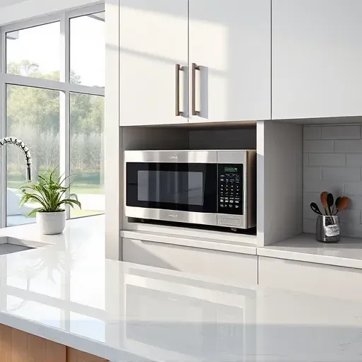 Well-installed stainless steel microwave with digital controls in a modern Jacksonville kitchen featuring polished quartz countertop, natural light, and minimalist decor