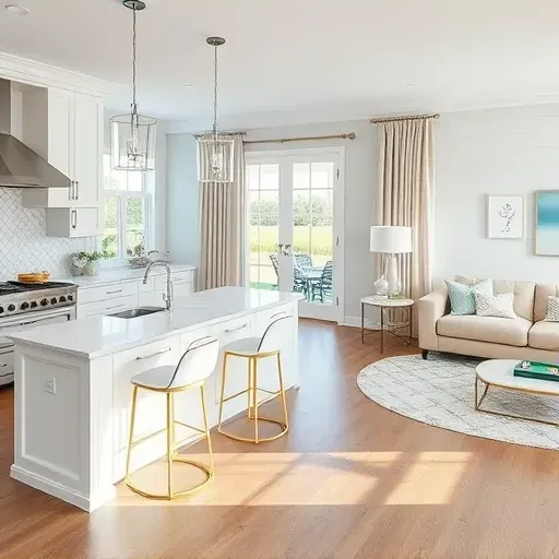 Modern coastal kitchen and living area in Amelia Island with whitewashed accents, blue hues, and natural light.