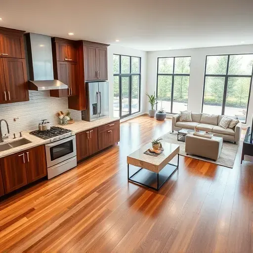 Modern kitchen and living space in Hastings FL features walnut cabinetry, stainless appliances, and elegant decor.