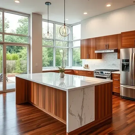 Remodeled Jacksonville kitchen with marble island, wood cabinets, stainless appliances, hardwood floors, and natural light.
