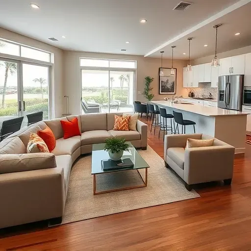 Elegant modern living room in Asbury Lake FL featuring spacious layout, neutral tones, and lush outdoor views.