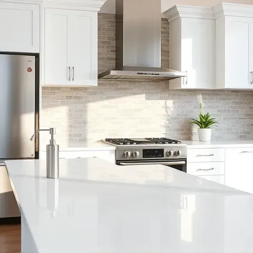 Freshly installed glossy beige and gray patterned tile backsplash in a modern Jacksonville kitchen with white quartz counters and stainless steel appliances
