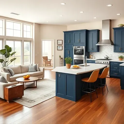 Modern kitchen renovation in Yulee FL featuring navy cabinetry, quartz countertops, and open-concept living design.