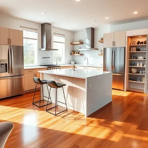 Modern kitchen remodel in Arlington FL featuring quartz countertops, stainless steel appliances, and polished hardwood floors.
