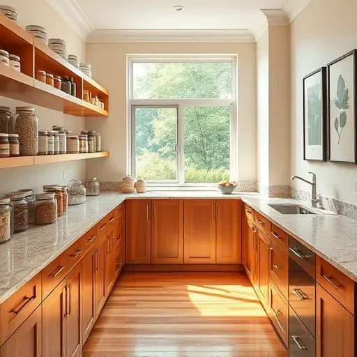 Well-organized walk-in pantry in Jacksonville with wooden shelves, labeled glass jars, granite countertops, hardwood floors, and natural light