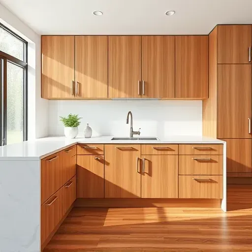 Refaced Jacksonville kitchen cabinet with sleek wood finish, modern handles, quartz countertop, natural light, and elegant hardwood floors