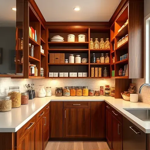 Beautiful finished wood pantry with organized food containers, glass jars, stylish canisters, under-cabinet lighting, in a modern Jacksonville home