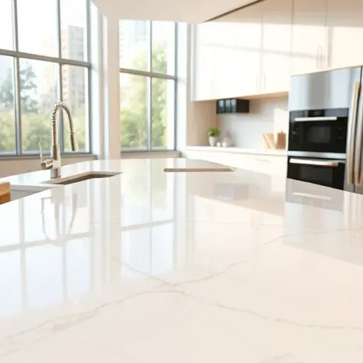Close-up of a glossy Quartz kitchen countertop with natural veining, in a modern sleek kitchen with stainless steel fixtures