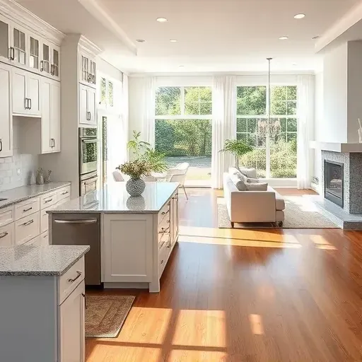 Elegant modern kitchen with white cabinetry, granite countertops, and stainless steel appliances in St. Augustine remodeling.