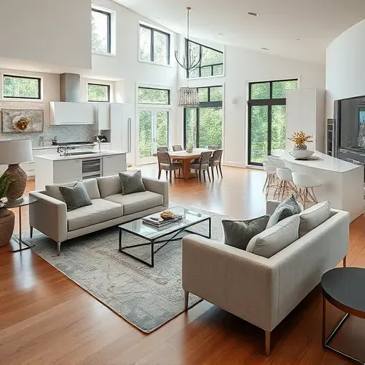 Modern Baldwin FL living room features elegant decor, high ceilings, large windows, and stylish furnishings.