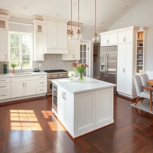 Renovated Middleburg kitchen with white cabinetry, quartz island, mosaic backsplash, and dark hardwood floors.