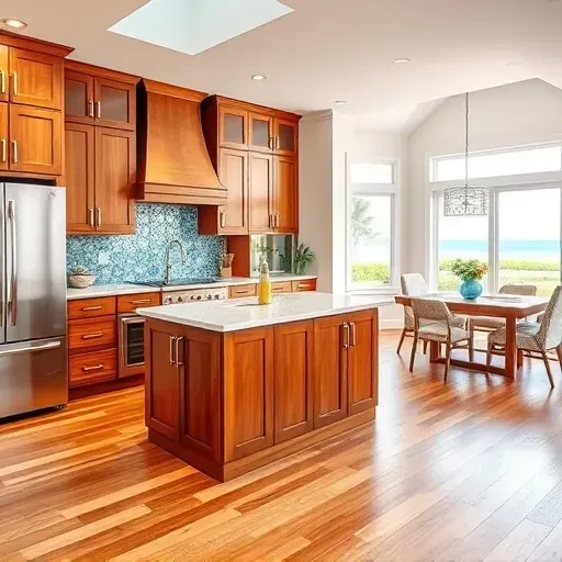 Elegantly renovated kitchen in Fernandina Beach showcasing quartz countertops, custom cabinets, mosaic backsplash, and modern appliances.