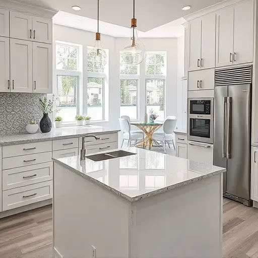 Remodeled kitchen with white cabinetry, marble island, stainless steel appliances, and elegant mosaic backsplash.