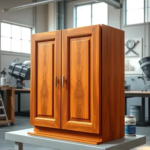Finished high-gloss wooden cabinet in Jacksonville FL showroom with detailed craftsmanship and vibrant paint.