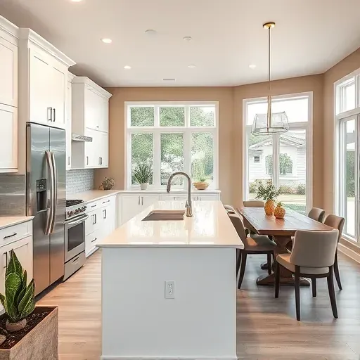 Modern kitchen renovation in Penney Farms FL with white cabinetry, a quartz island, stainless appliances, and natural lighting.