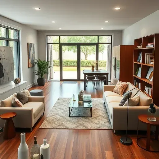 Modern living space in Mayport, FL featuring open-concept design, hardwood floors, and a beautiful kitchen with island.