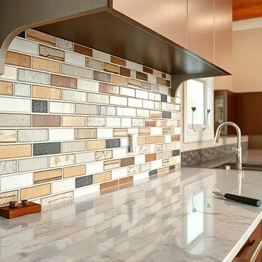 Flawlessly installed modern kitchen backsplash with intricate tiles, vibrant colors, polished countertop, and stylish cabinetry