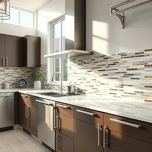 Completed modern tile backsplash in a Jacksonville kitchen featuring intricate patterns, vibrant colors, natural sunlight, and sleek cabinetry