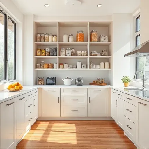 Well-organized pantry shelves with glass jars, modern cabinetry, bright natural light, fresh renovation, and polished floors