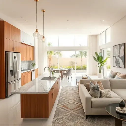 Beautifully renovated kitchen and living area in Atlantic Beach FL with modern cabinetry, marble countertops, and elegant decor.