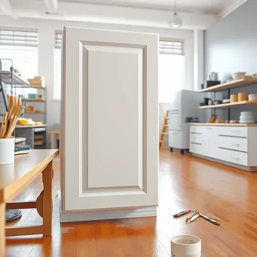 Close-up of a glossy painted cabinet door in a bright modern workshop with tools, polished floors, and organized workspace