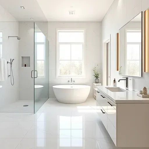 Remodeled Jacksonville bathroom with frameless glass shower, marble tiles, freestanding tub, double vanity, and coastal color palette