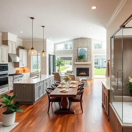 Modern kitchen in Julington Creek with granite island, elegant lighting, and cozy living room with fireplace and plants.