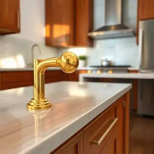 Modern Jacksonville kitchen with polished brass cabinet hardware, wooden cabinets, marble backsplash, and stainless steel appliances